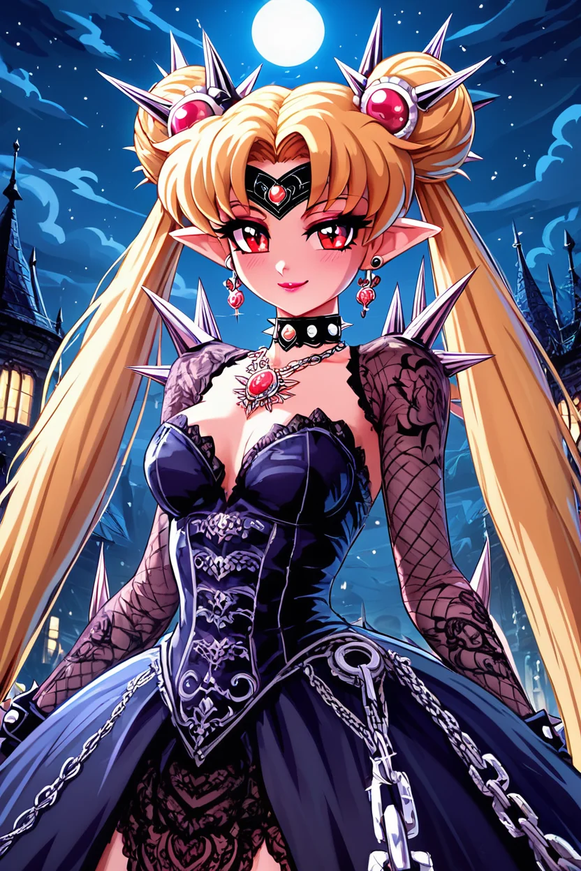 score_9, score_8_up, score_8, medium breasts, (curvy), cute, eyelashes,    smug,   BREAK, ,  ,,, <lora:CruelMoon_PDXL:0.8>, zzCruelMoon, long hair, twintails, blonde hair, jewelry, hair bun, double bun, very long hair, choker, chain, spikes, gothic, parted bangs, red eyes,  earrings, dress, makeup, holding, necklace, lipstick, black dress, pointy ears, night, ,,, , BREAK, smile, closed mouth, looking at viewer, cowboy shot, ,,, embedding:zPDXL, Expressiveh, ,,, <lora:Konpeto_PDXL_v3:1.0>, <lora:SDXLFaeTastic2400:0.5>, <lora:Expressive_H-000001:0.4>,
