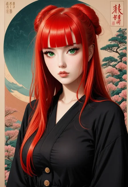 masterpiece,best quality,detailed background, <lora:hyperSD8:1>,
1girl, red hair, long hair, blunt bangs, hime cut, green eyes, eyelashes, large BREASTS, <lora:UKIYO-E_V3:1> ukiyo-e, DETAILED EYES, BORED, loose clothes, expressionless, saturated colors, vibrant colors
