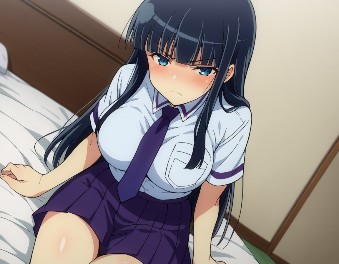 score_9, score_8_up, score_7_up, source_anime,
skikaruga, <lora:sk-ikaruga-ponyxl-lora-nochekaiser:1>
ikaruga, long hair, blue eyes, black hair, bangs, blunt bangs, large breasts,
skirt, shirt, school uniform, pleated skirt, necktie, purple skirt,
indoors, bed, bed room, on side, blush, drunk,
looking at viewer, dutch angle, cowboy shot