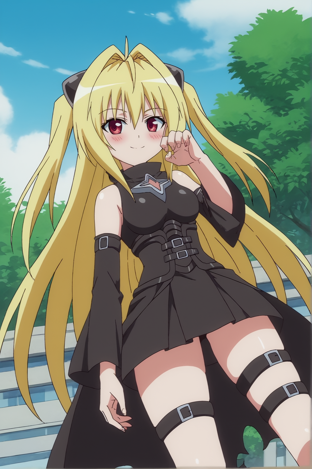 score_9, score_8_up, score_7_up,anime_source, source_anime, best background, detailed background, anime screencap,  Yami, 1girl, cape, detached sleeves, thigh strap, solo, two side up, very long hair, dynamic camera, dynamic angle, legs apart, victory fingers, seductive smile, blush, victory pose,  outdoors,  <lora:JN_Konjiki_no_Yami:0.8>