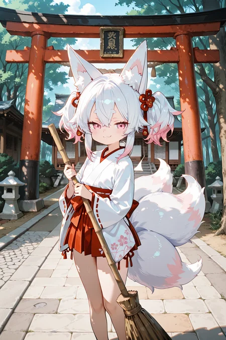 anime style.

((Side Shot)).

Inari cleaning path with broom.

1girl, monster girl, Inari, animal-ears, fox tail, multiple tails, white hair, twintails, detailed hair, pink eyes, detailed eyes:1.3, detailed face:1.2, smug, brat, white mini miko kimono, white mini skirt. tighthighs(white). cleaning path with broom.

BREAK

sky blue tone filter. japanese shrine(cool temperature, morning, tree, stone path, Torii)

embedding:lazympos, score_9, score_8_up, score_7_up, masterpiece, best quality, amazing quality, very aesthetic, high resolution, ultra-detailed:1.4, absurdres, newest,high dynamic range, vibrant, clear shadows and highlights, enhanced contrast,