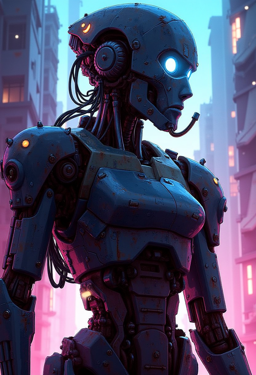 YFG-Hamrater Inkpunk Anime, silhouette art, the image is featuring a robotic cyberpunk subject, titanium and chrome, robot wires and circuitry, robot joints, glowing lights, silhouetted, chiascuro, glowing eyes, abstract surreal neon-hued background
