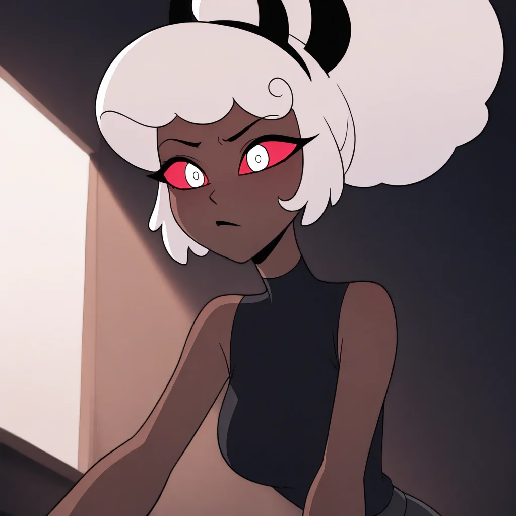masterpiece, best quality, newest, absurdres, highres, 1girl, HHOVP-CLC.V2.0, dark skin, dark-skinned female, hairband, hairband with horns, tied hair, white hair, red sclera, colored sclera, white eyes, afro,