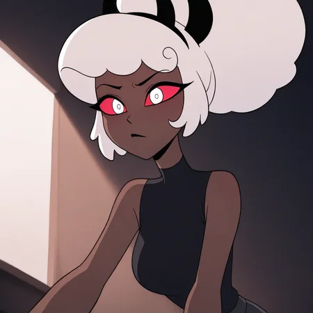 masterpiece, best quality, newest, absurdres, highres, 1girl, HHOVP-CLC.V2.0, dark skin, dark-skinned female, hairband, hairband with horns, tied hair, white hair, red sclera, colored sclera, white eyes, afro,