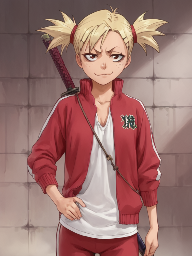 <lora:HiyoriSarugakiPony1.0:1.0>,  score_9, score_8_up, score_7_up, score_6_up, score_5_up, score_4_up, looking at viewer,indoors,
HiyoriSarugaki, 1girl, solo, weapon, blonde hair, freckles, twintails, red track jacket, short twintails,, katana, red track pants,smile,