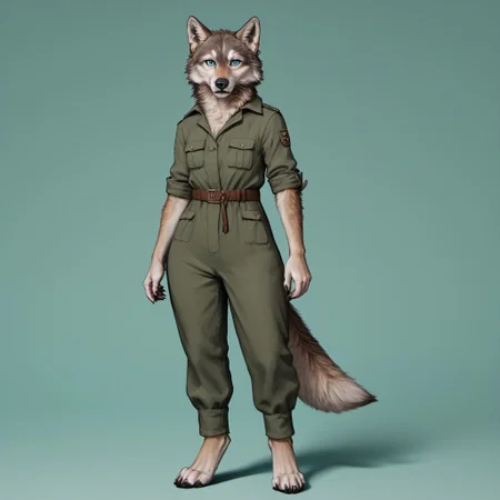 score_9, score_8_up, score_7_up, source_furry, detailed face, detailed eyes, incredible detail BREAK 1girl, solo, anthro, wide shot (furry female, wolf, light brown fur, monotone fur, light blue eyes,slightly wide hips, small breasts), black nose, whiskers, ear flop, solo, looking at viewer, simple background, green background, full body, hunter outfit, archer outfit