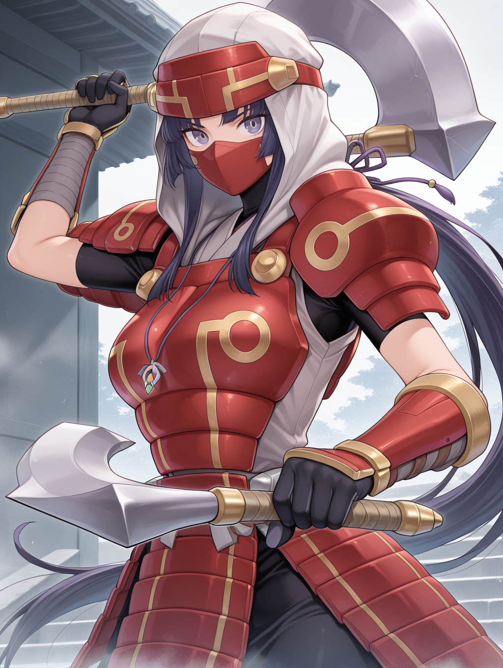1girl,legendary six samurai - mizuho,solo,low ponytail,covered mouth,dual wielding,holding axe,axe,white hood,looking at viewer,red mouth mask,purple hair ribbon,red shoulder armor,red breastplate,white shirt,red armored gloves,red armored skirt,purple eyes,purple necklace,east asian architecture,upper body, 
masterpiece,best quality,amazing quality,very aesthetic,absurdres,newest,<lora:Legendary Six Samurai - Mizuho illuXL v1:0.75>,