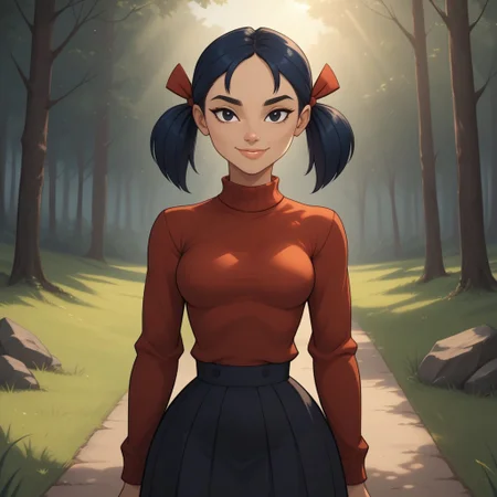 score_9, score_8, BREAK, solo, red sweater, 1girl, white undershirt, black skirt, navy blue hair, black eyes, lips, twintails, breasts, total drama, Kitty_(\Total_Drama\), tdtrr, cute, sexy pose, smile, outdoors, sunlight, shadows, evening lighting, natural lighting, forest, trees, grass, orange sky, sunset