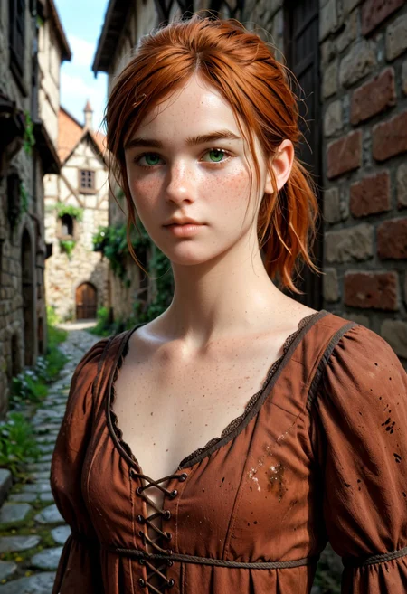 Ellie from the Last of Us, sporty short red ponytail hair, fcNeg, stunning green eyes, freckles, white skin, small nose, innocent beauty, slim face, skinny body, perfect body, extreme detail, 
Dark night, dark medieval back alley, through dark alleys, Medieval fantasy, rogue, 
Dirty skin, dirty clothes, Medieval fantasy clothes, 
Medieval fantasy city ruins,
Masterpiece, 8k, ultra high detail, score_9, score_8_up, score_8,