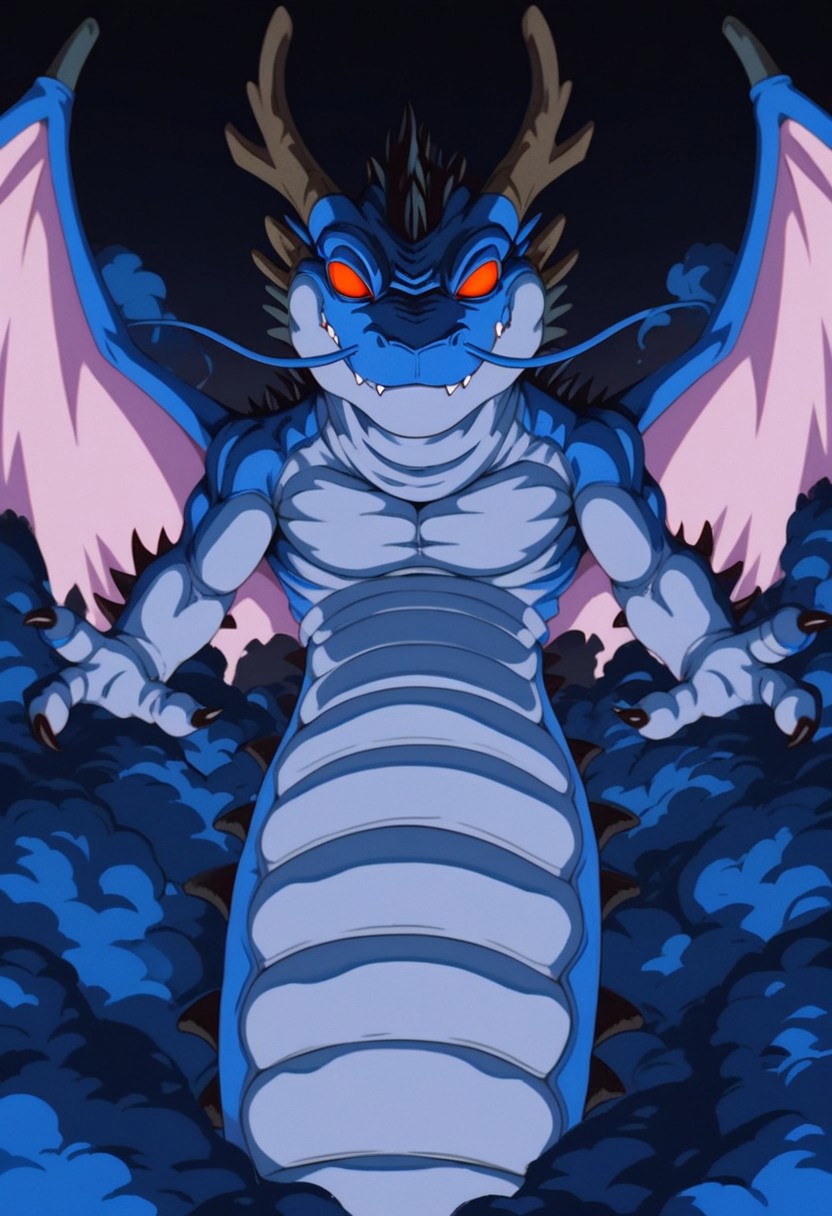 score_9, score_8_up, score_7_up, solo 1girl, Expressiveh, (BlackSmokeShenron, male dragon, wings, blue body, blue scales, red eyes, no pupils, horns, fangs, claws, eastern dragon, wings), 3 fingers, looking at viewer, smile, closed mouth, macro, sky, blue smoke, flying, detailed background, looking at viewer, 4k, masterpiece, best quality, highly detailed, realistic
