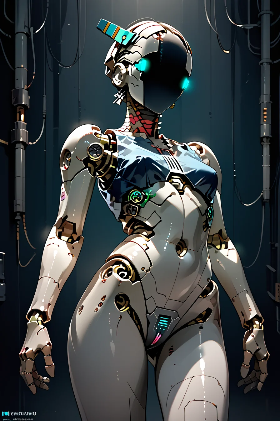 skinny, skinny legs, medium breasts, <lora:Aff_anne_droid_2_:1> anne_droid, droid, a humanoid female robot, smooth featureless face, robot joints, body made of metals, body panelling)), ((body made of shiny white metal)), white metal skin, (entirely white skin), industrial cyberpunk setting, digital eyes,, score_9, score_8_up, score_7_up, score_6_up, score_5_up, score_4_up