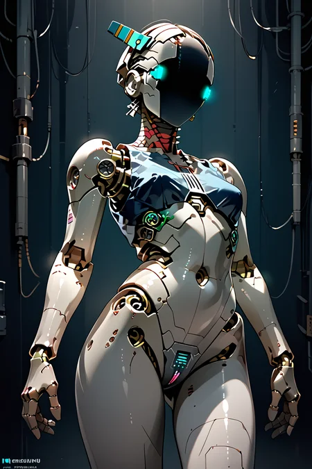 skinny, skinny legs, medium breasts, <lora:Aff_anne_droid_2_:1> anne_droid, droid, a humanoid female robot, smooth featureless face, robot joints, body made of metals, body panelling)), ((body made of shiny white metal)), white metal skin, (entirely white skin), industrial cyberpunk setting, digital eyes,, score_9, score_8_up, score_7_up, score_6_up, score_5_up, score_4_up