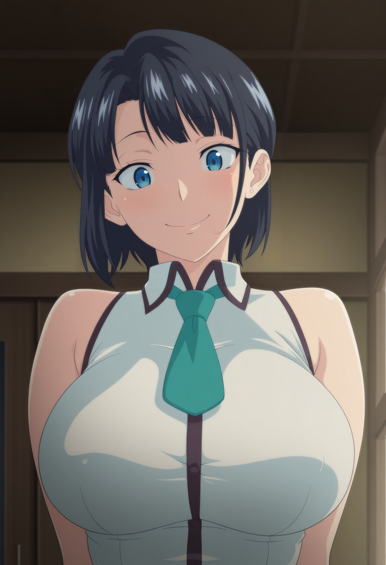 1girl,solo,mm,mature female,black hair,short hair,blue eyes,large breasts,anime coloring,
necktie,sleeveless,shirt,upper body, smile,indoors
,masterpiece,best quality,amazing quality,<lora:Kanako_Yoshino-Hajimete_no_Hitozuma_ix:0.8>