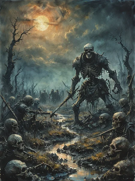 A desolate bog,where skeletal remains of fallen warriors rise from the muck,reanimated by a necromancer who seeks to build an army of the undead to conquer the living world.,
the scene is captured in dimly lit dark fantasy but vibrant colors,with bold ink lines defining form against the watercolor wash of the aged paper,<lora:Desolation:0.2>,<lora:XL_boss_battle:1>