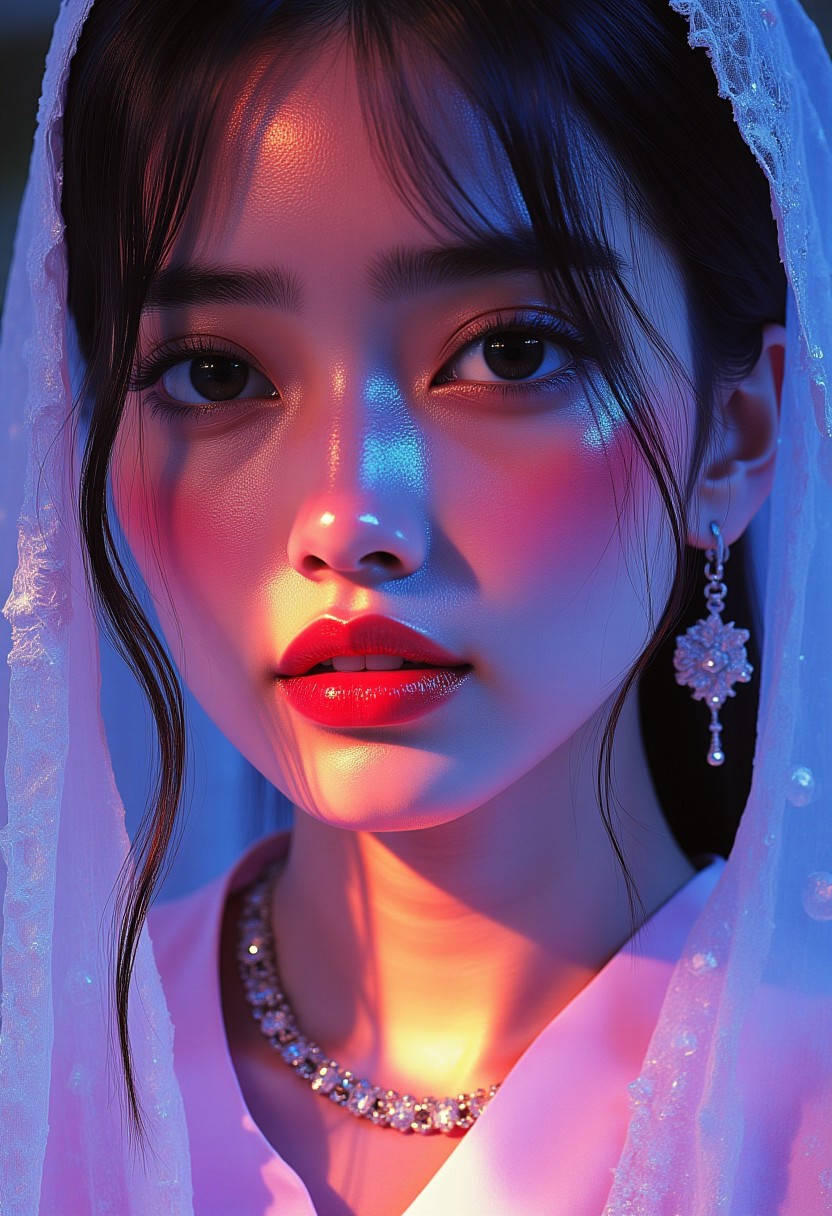 abstract neon ink image in vivid, surreal iridescent colours, closeup side portrait of chinese princess, red lips, long loose hair, bridal veil, earrings, necklaces, midjourney_whisper_innocent_eyes