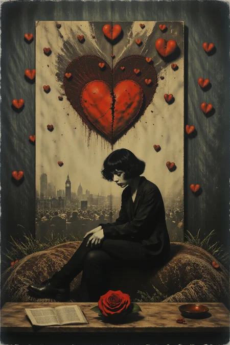 a solitary very melancholic person crying suffering with the memories of love lost, broken heart, broken hearts, broken paper, melancholic sad landscape, woman, very intricate, very detailed, sharp, bright, colorful, <lora:Hand v2:0.5> <lora:Anti-Blur:1><lora:Insane Detail Slider:0.25>  <lora:flux.1_lora_flyway_Epic-detail_v2:0.3> <lora:fluxenhancer:0.25> <lora:Moody_Time:0.9>