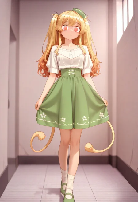 soft light, perfect anatomy , sharp focus, ((Depth of field)) deep depth, (Ultra detailed), best quality, intricate lighting, (absurd resolution), high resolution, intricate details, volumetric lighting, green hat, yellow hair, flowing detailed hair, innocent eyes, white panty hose, green skirt, green shoulder straps , white thick inner shirt, green striped socks, green shoes, small hat, twin tail hair, natural cloths, wild like girl, Fun Spirit, Fine Details, ,Fun Spirit, Fine Details,, s4ish0,, curious excitement , (white center tones), (green inner tones),