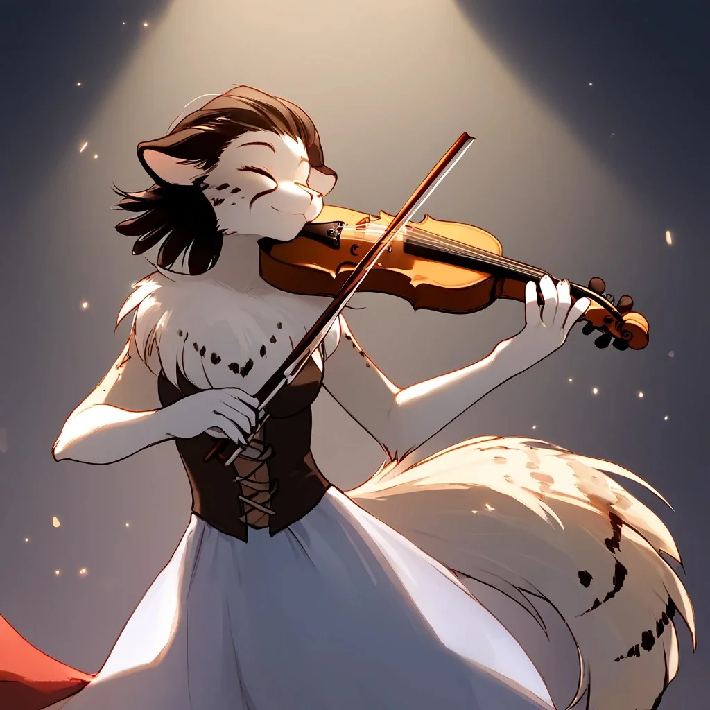score_9, score_8_up, score_7_up, masterpiece, best quality, good quality, highly detailed, absurdres, smooth, Expressiveh, concert hall, spotlight, 1 girl, solo, adira-riftwall-twokinds, anthro, large breasts, long dress, bare shoulders, playing-violin, violin, holding, bow \(music\), playing violin, closed eyes