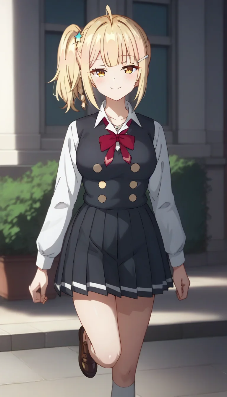 score_9,score_8_up,score_7_up,score_6_up BREAK official art,solo,outdoors,cowboy shot,looking at viewer,facing viewer,smile,blush,Miyamae Nonoa,ahoge,blonde hair,medium hair,side ponytail,star hair ornament,hairclip,sidelocks,blunt bangs,yellow eyes,school uniform,grey jacket,cropped jacket,open jacket,wing collar,red bowtie,black dress,pleated dress,double-breasted,collared shirt,white shirt,medium breasts,long sleeves,white socks,loafers,brown footwear,<lora:Miyamae Nonoa(tsrdta)-Pony:1.4>,