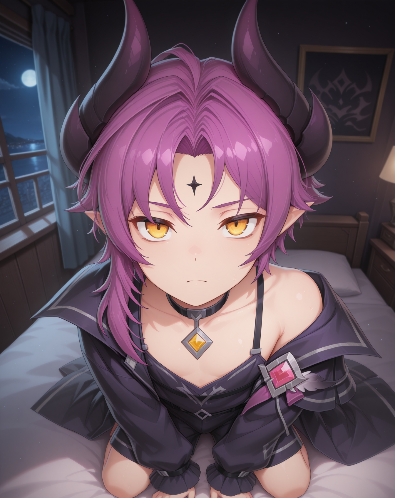 masterpiece,best quality,amazing quality, newest, very aesthetic, absurdres,
1boy, solo, yaoi, male focus, looking at viewer, full body, face focus, lying, on bed,
<lora:Veigas_T_Default_ilxl:1> veigastdefault, demon horns, yellow eyes, purple hair, pointy ears, forehead mark, demon boy, parted bangs, black horns,asymmetrical hair,
pajamas, open clothes,
indoors, night, dark room, bedroom,
