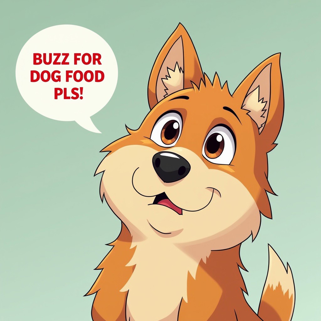 anime artwork sad dog speech bubble that says " buzz for dog food pls " , . anime style, key visual, vibrant, studio anime,  highly detailed, pixar style