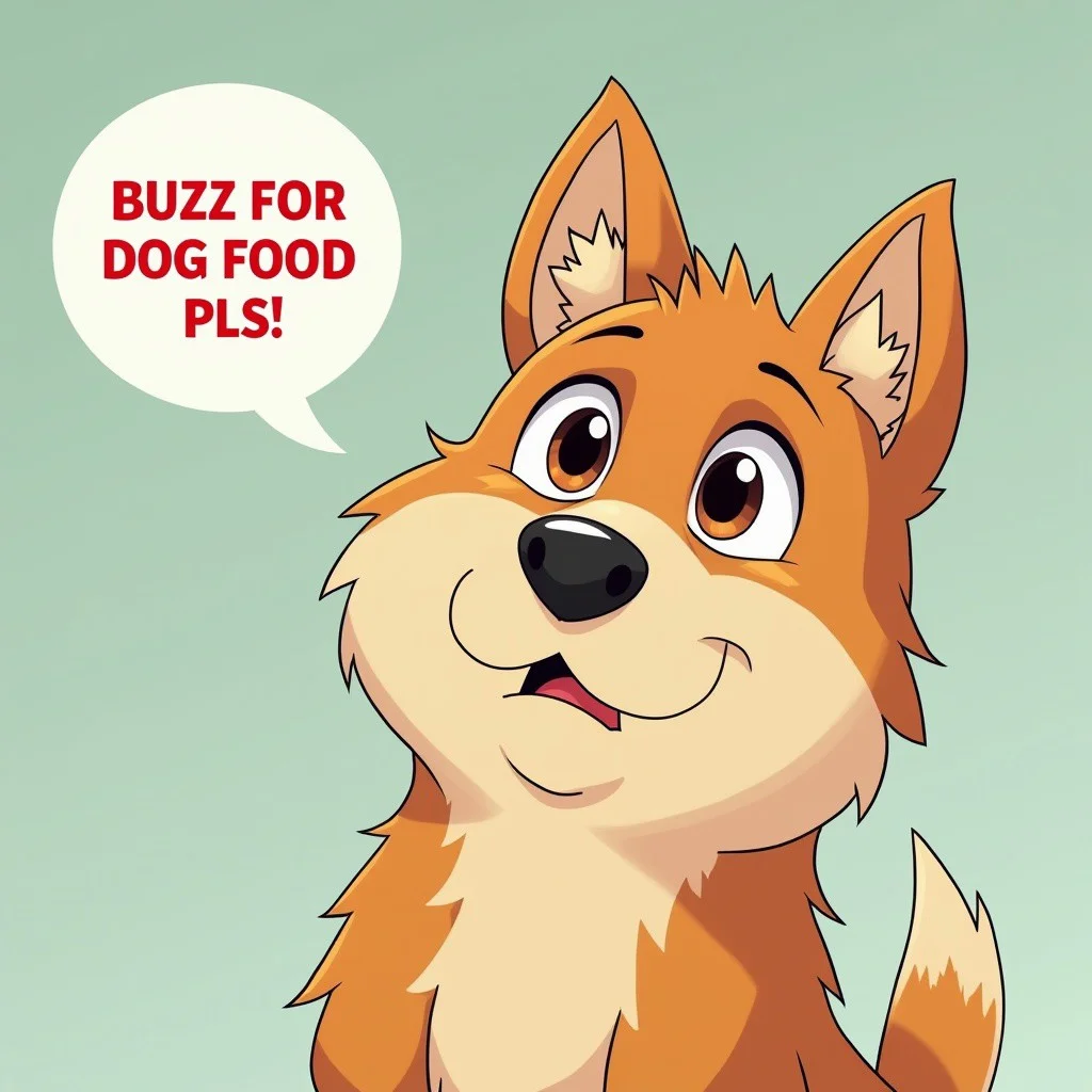 anime artwork sad dog speech bubble that says " buzz for dog food pls " , . anime style, key visual, vibrant, studio anime, highly detailed, pixar style