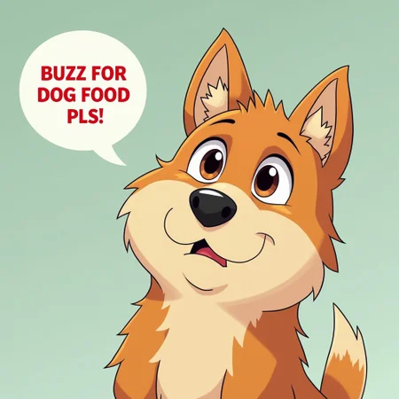 anime artwork sad dog speech bubble that says " buzz for dog food pls " , . anime style, key visual, vibrant, studio anime, highly detailed, pixar style