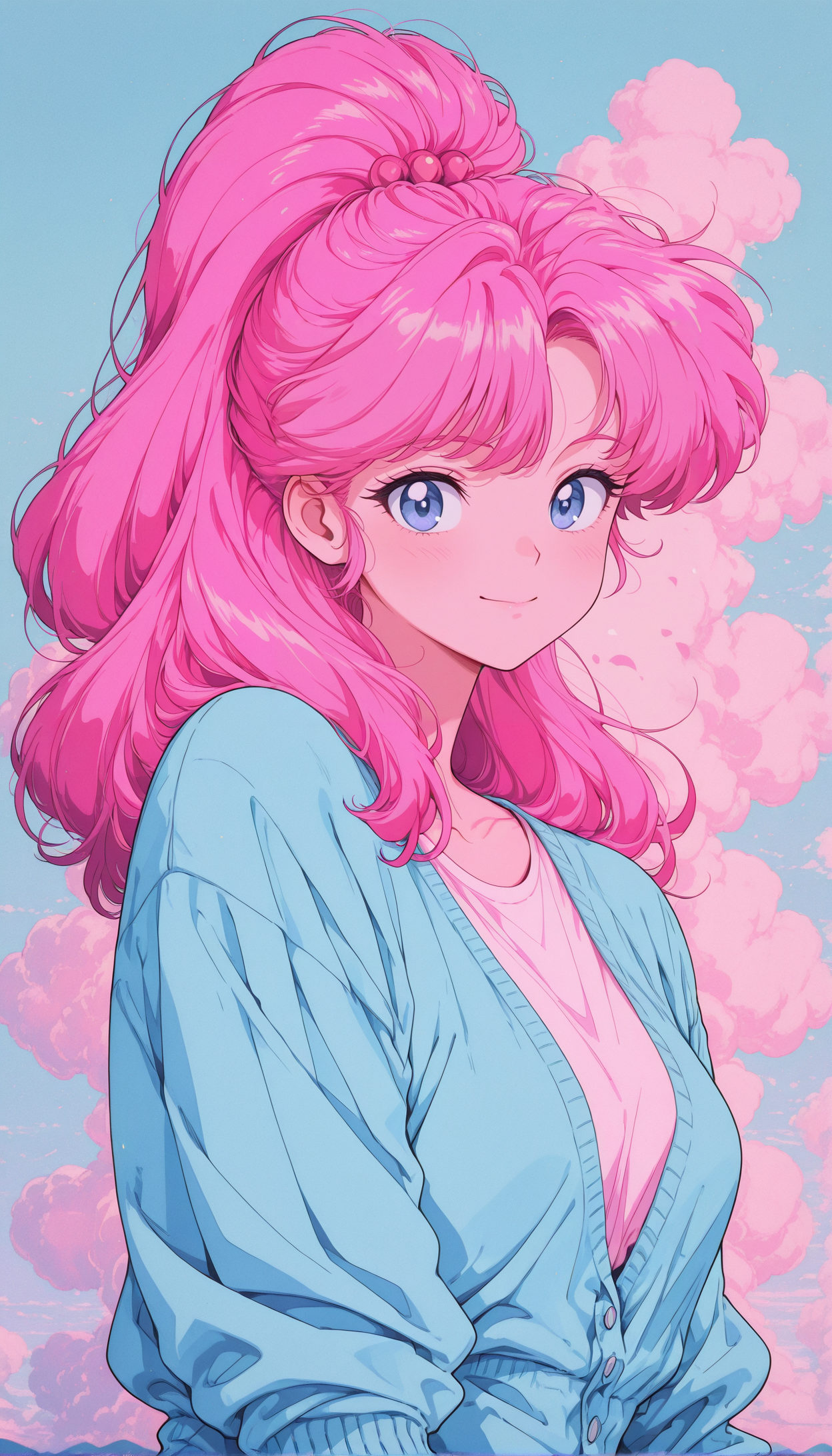 1girl, bubblegum pink hair, sleek ponytail, pastel pink hair, pastel blue cardigan, soft white top, smiling, fluffy pastel clouds, soft peach sky masterpiece, best quality, amazing quality, very aesthetic, absurdres, detailed eyes, newest, <lora:PinkieRetroAnimeIL:1>, pinkretroanime, retro art,