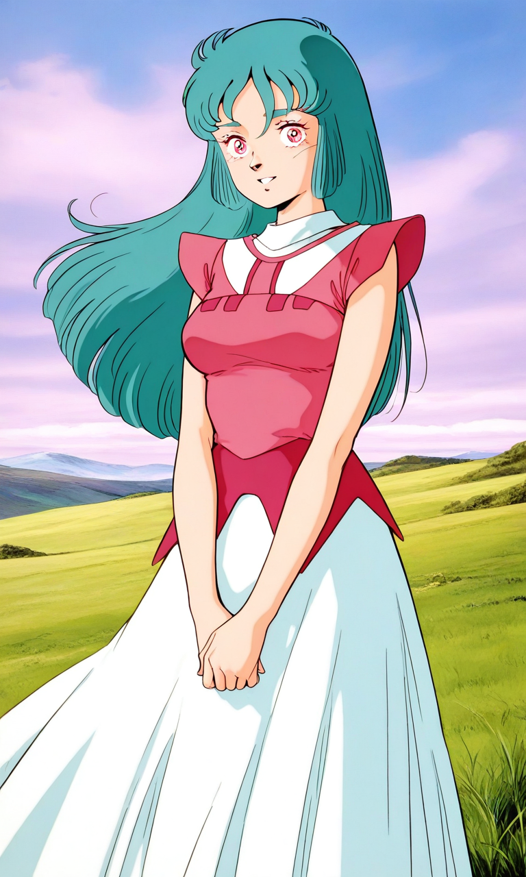 general,highres, ultra-detailed,very aesthetic,best quality ,best hands, BREAK <lora:Ciela_Lapana_dress_IS:0.9>
Ciela_Lapana(dress), 1girl, solo, long hair, pink eyes, aqua hair, bangs, green hair, medium breasts, 
pink dress, white skirt, long skirt, parted lips,
smile, looking at viewer, v arms, standing,
grass, sky, fantasy,