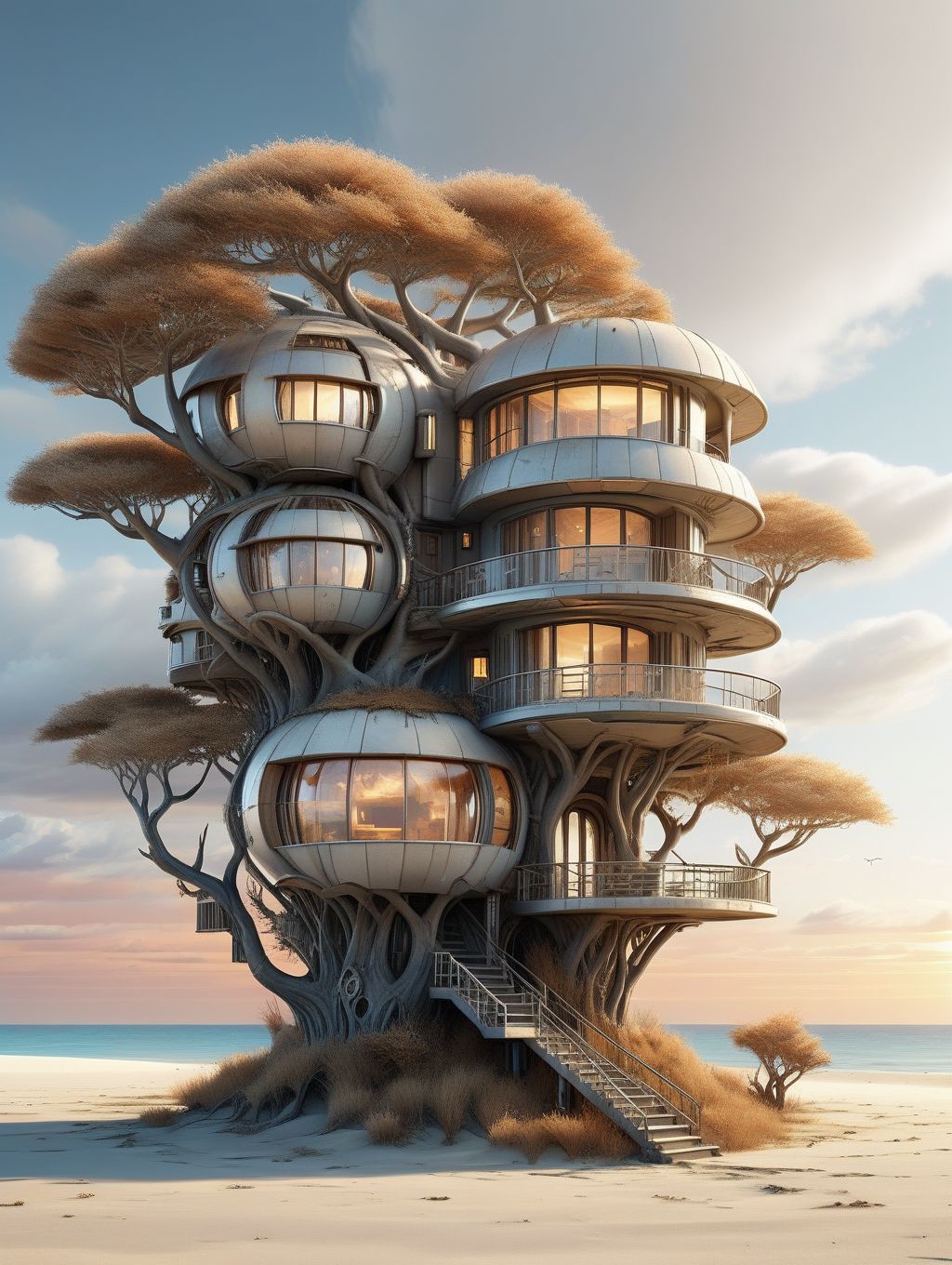A futuristic house on a lonely spreading tree standing in a deaf sandy wasteland on the ocean, a balcony with a staircase, bundles of dry grass, soft sunset lighting, light layered clouds
WastCity <lora:Wasteland_City_XL:0.7>, detailed background, intricate, high quality exquisite details and textures, highly detailed, warm lighting, sharp focus, 8k high resolution