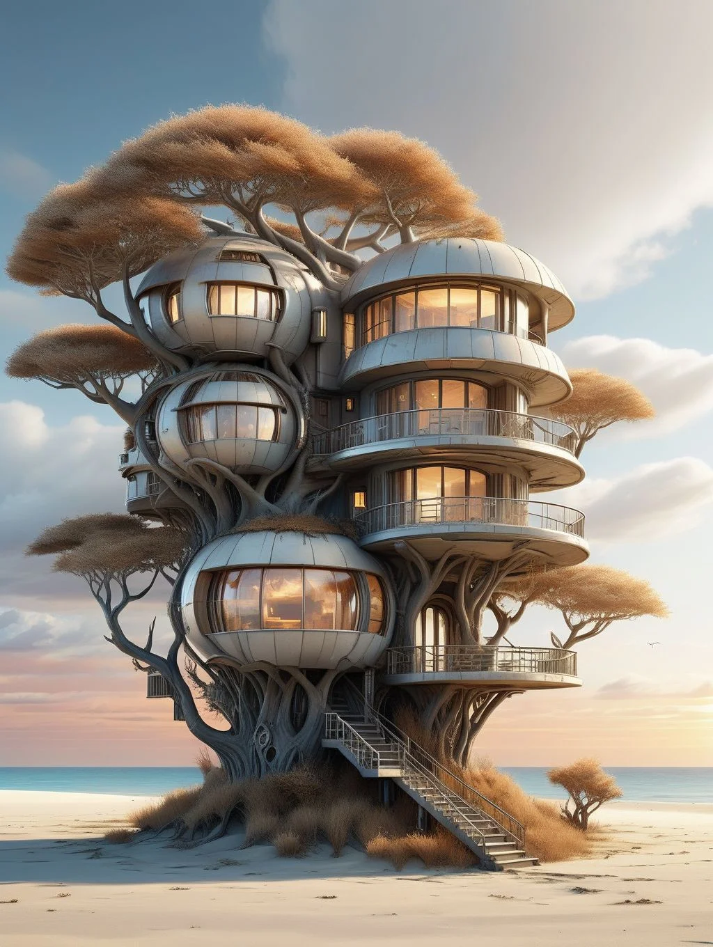 A futuristic house on a lonely spreading tree standing in a deaf sandy wasteland on the ocean, a balcony with a staircase, bundles of dry grass, soft sunset lighting, light layered clouds
WastCity <lora:Wasteland_City_XL:0.7>, detailed background, intricate, high quality exquisite details and textures, highly detailed, warm lighting, sharp focus, 8k high resolution