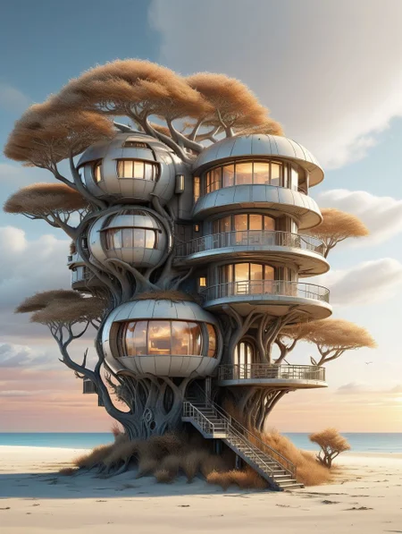A futuristic house on a lonely spreading tree standing in a deaf sandy wasteland on the ocean, a balcony with a staircase, bundles of dry grass, soft sunset lighting, light layered clouds
WastCity <lora:Wasteland_City_XL:0.7>, detailed background, intricate, high quality exquisite details and textures, highly detailed, warm lighting, sharp focus, 8k high resolution