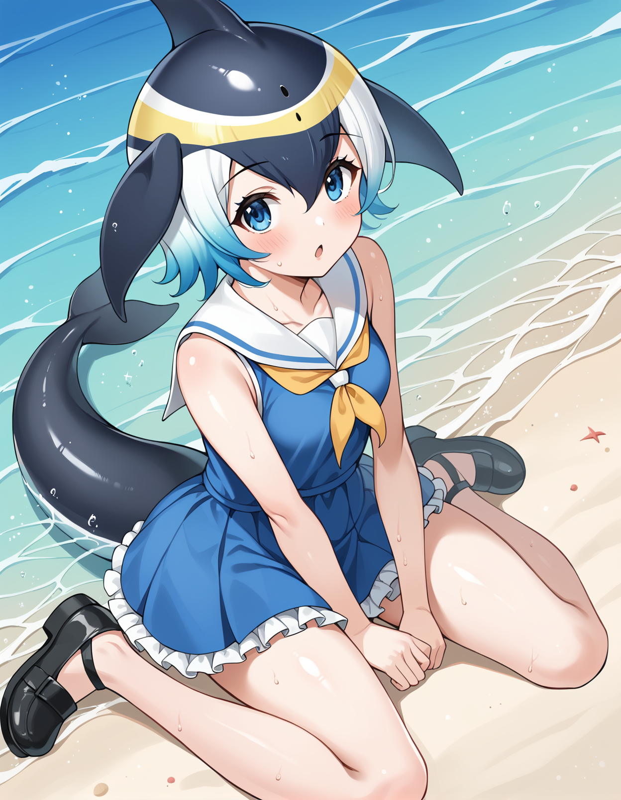 score_9, score_8_up, score_7_up, source_anime, rating_safe, BREAK <lora:cDolphinXL_LoRA-C3Lier_AdamW_Dim8_Alpha8_UN-3e-4_TE-1.5e-4_10batch_ponyDiffusionV6XL_v6StartWithThisOne:1>, common dolphin \(kemono friends\), 1girl, blue eyes, head fins, multicolored hair, white hair, short hair, cetacean tail, small breasts, blue dress, sailor dress, blush, frilled dress, sleeveless, pointy footwear, black footwear, :o, chestnut mouth, sitting, partially submerged, beach, day, looking at viewer, facing viewer, from above