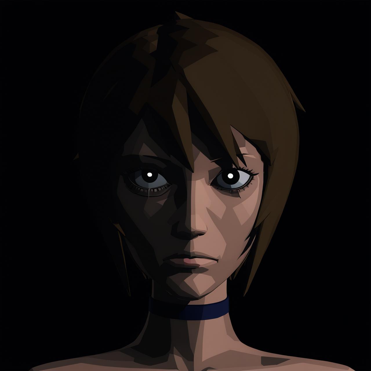 sfw, <lora:killer7_Artstyle_Illustrious:1>, killer7style, flat colors, polygonal, 3d, low poly, extreme close-up, face close-up, female, 1girl, solo, asian female, short hair, black pupils, emotionless, black background, dim lighting, looking at viewer, choker, tired, eye bags, cynical