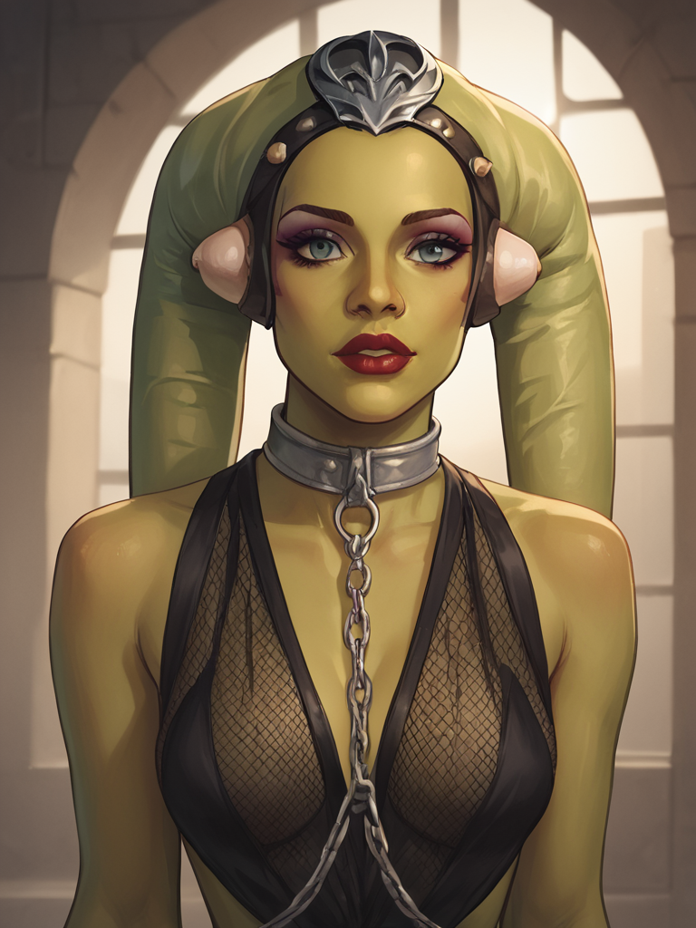 score_9, score_8_up, score_7_up, score_6_up, score_5_up, score_4_up,1girl,, (close up, face focus), indoors,standing, perfect body,outfit,face focus, thin waist, thighs, medium teardrop breasts, goddess body, perfect anatomy, looking at viewer,upper body, confident,
<lora:Smooth Anime Style LoRA XL:0.7>,
oola, green skin, headband, fishnet_outfit, collar <lora:Oola_Twi_Lek_r2:1>