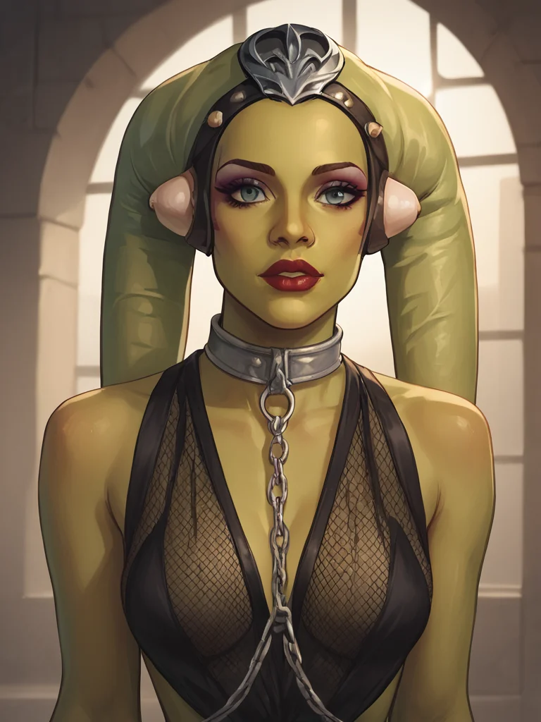 score_9, score_8_up, score_7_up, score_6_up, score_5_up, score_4_up,1girl,, (close up, face focus), indoors,standing, perfect body,outfit,face focus, thin waist, thighs, medium teardrop breasts, goddess body, perfect anatomy, looking at viewer,upper body, confident,
<lora:Smooth Anime Style LoRA XL:0.7>,
oola, green skin, headband, fishnet_outfit, collar <lora:Oola_Twi_Lek_r2:1>