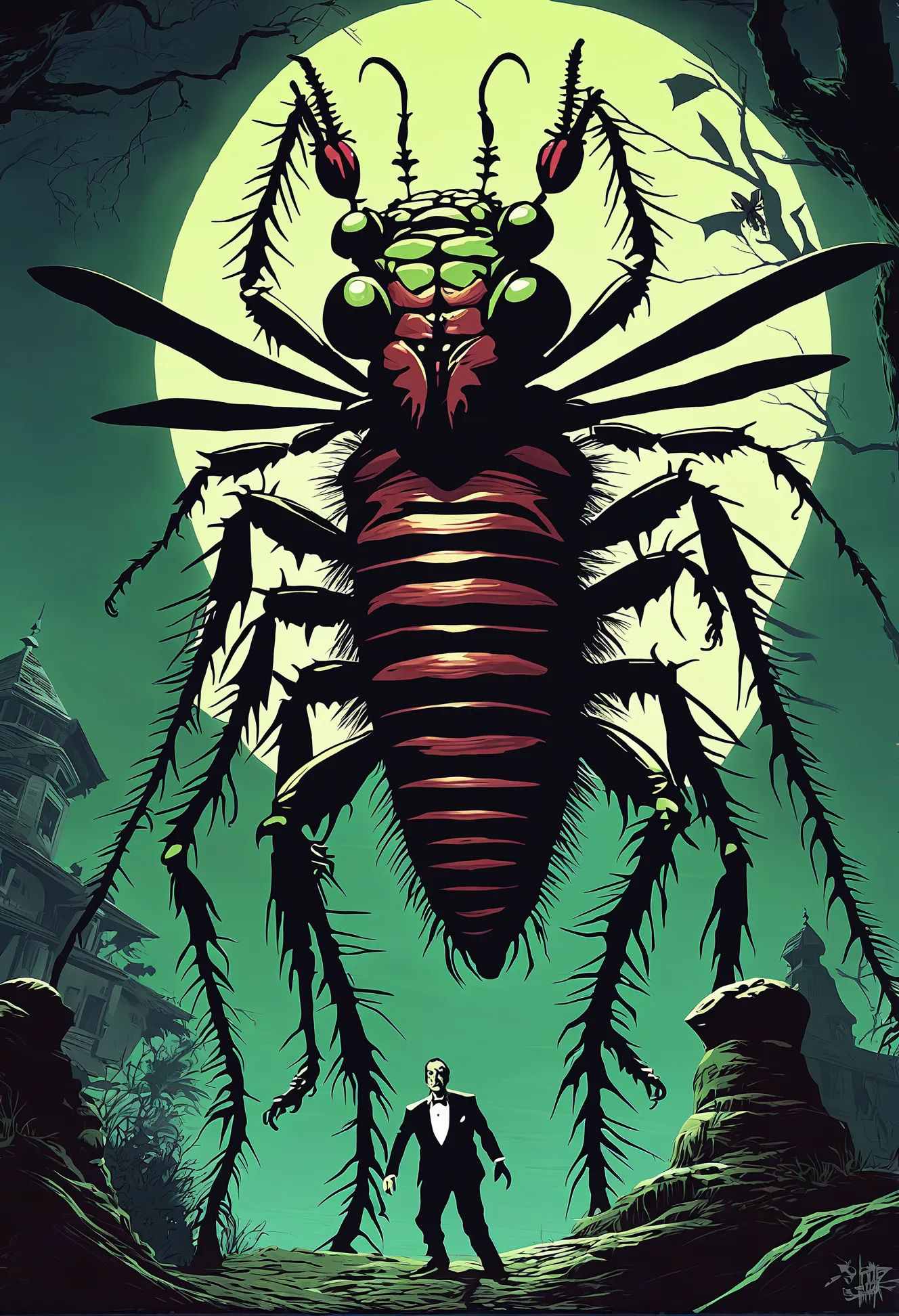 pulp horror, scary, haunted mansion,giant insect<lora:EnvyPulpHorrorXL01:1:1:lbw=ALL>