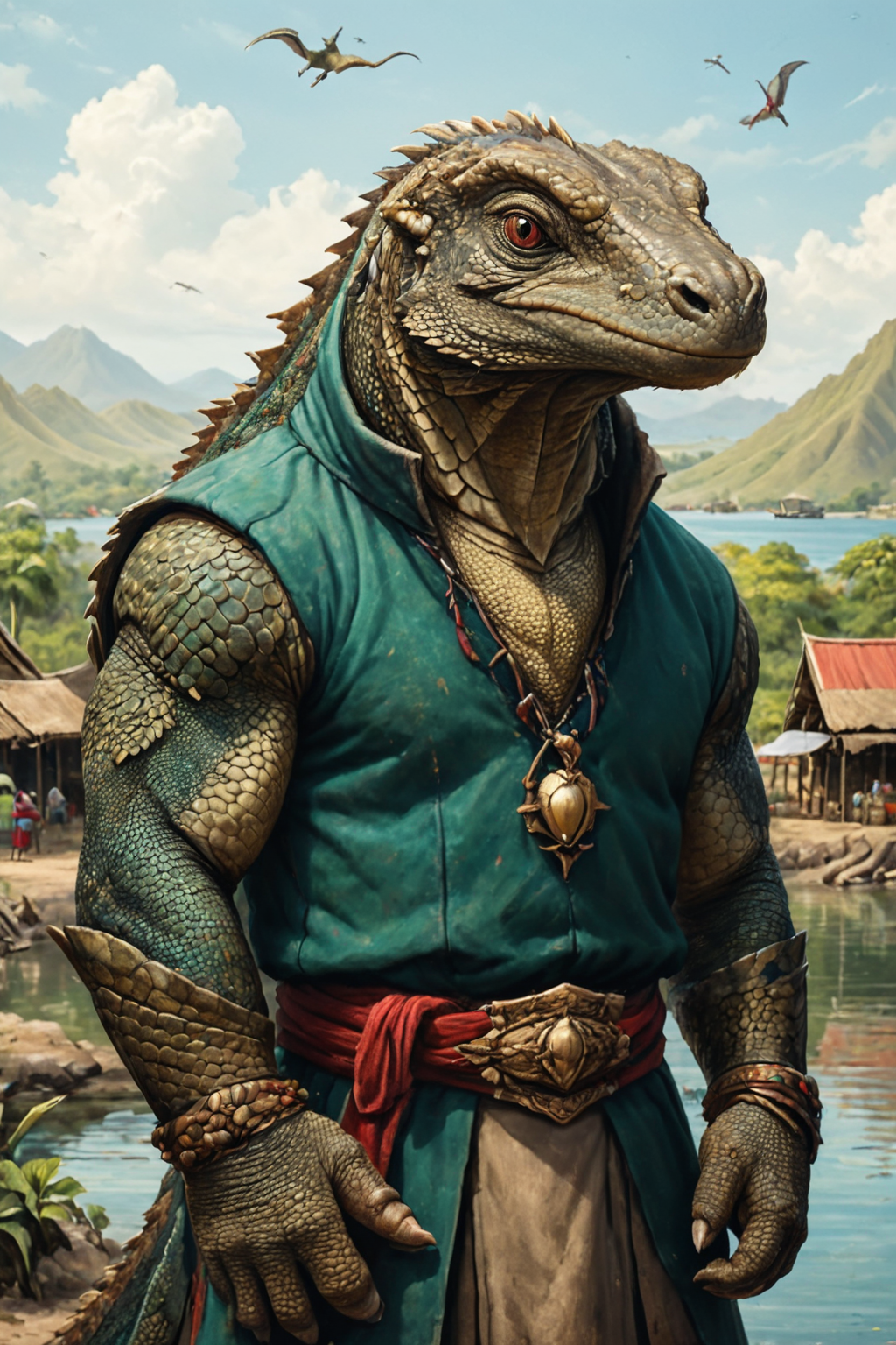 Detailed digital portrait of an anthro Komodo dragon at a Tranquil lakeside village with fishers, <lora:xl_more_art-full_v1:0.5>,  <lora:The_Crazy_Style:0.7> <lora:anthro_muscular:0.7>