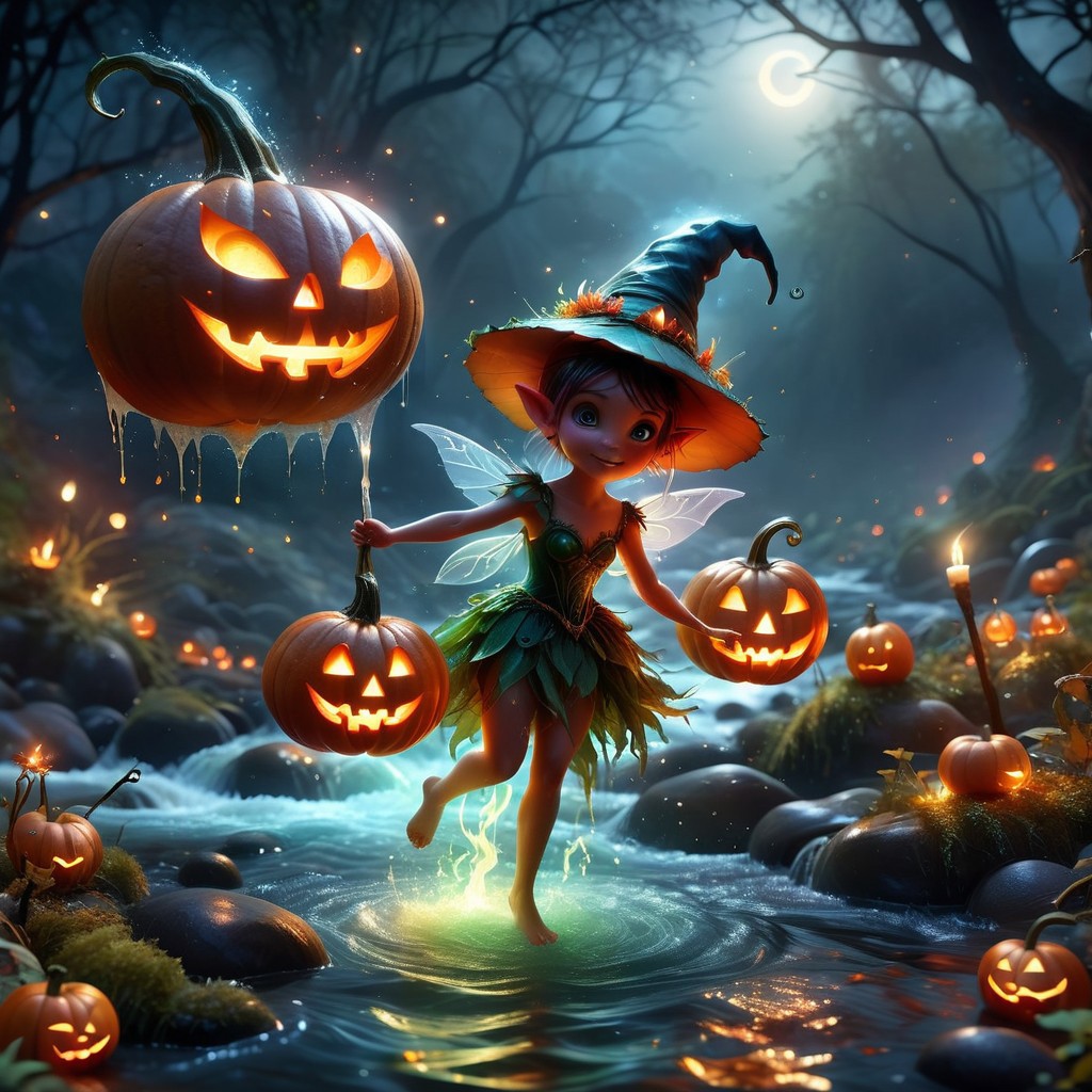 (Halloween-themed) ((many small pixies and fairies))
(Tiny Pixie Witches fly over river with jack-o'-lanterns)
Tiny pixies dressed as witches with pointy witch hats and brooms are flying above a river illuminated by floating jack-o'-lanterns. The river winds through a dense, dark forest, and the only light comes from the flickering candles inside the pumpkins. The pixies emit a faint, magical glow as they scatter sparkling dust, enhancing the enchanting and slightly eerie scene.