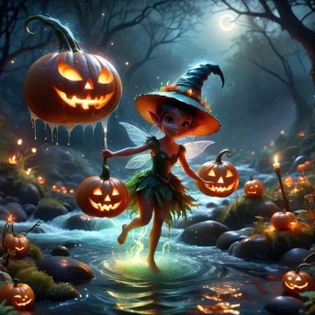 (Halloween-themed) ((many small pixies and fairies))
(Tiny Pixie Witches fly over river with jack-o'-lanterns)
Tiny pixies dressed as witches with pointy witch hats and brooms are flying above a river illuminated by floating jack-o'-lanterns. The river winds through a dense, dark forest, and the only light comes from the flickering candles inside the pumpkins. The pixies emit a faint, magical glow as they scatter sparkling dust, enhancing the enchanting and slightly eerie scene.