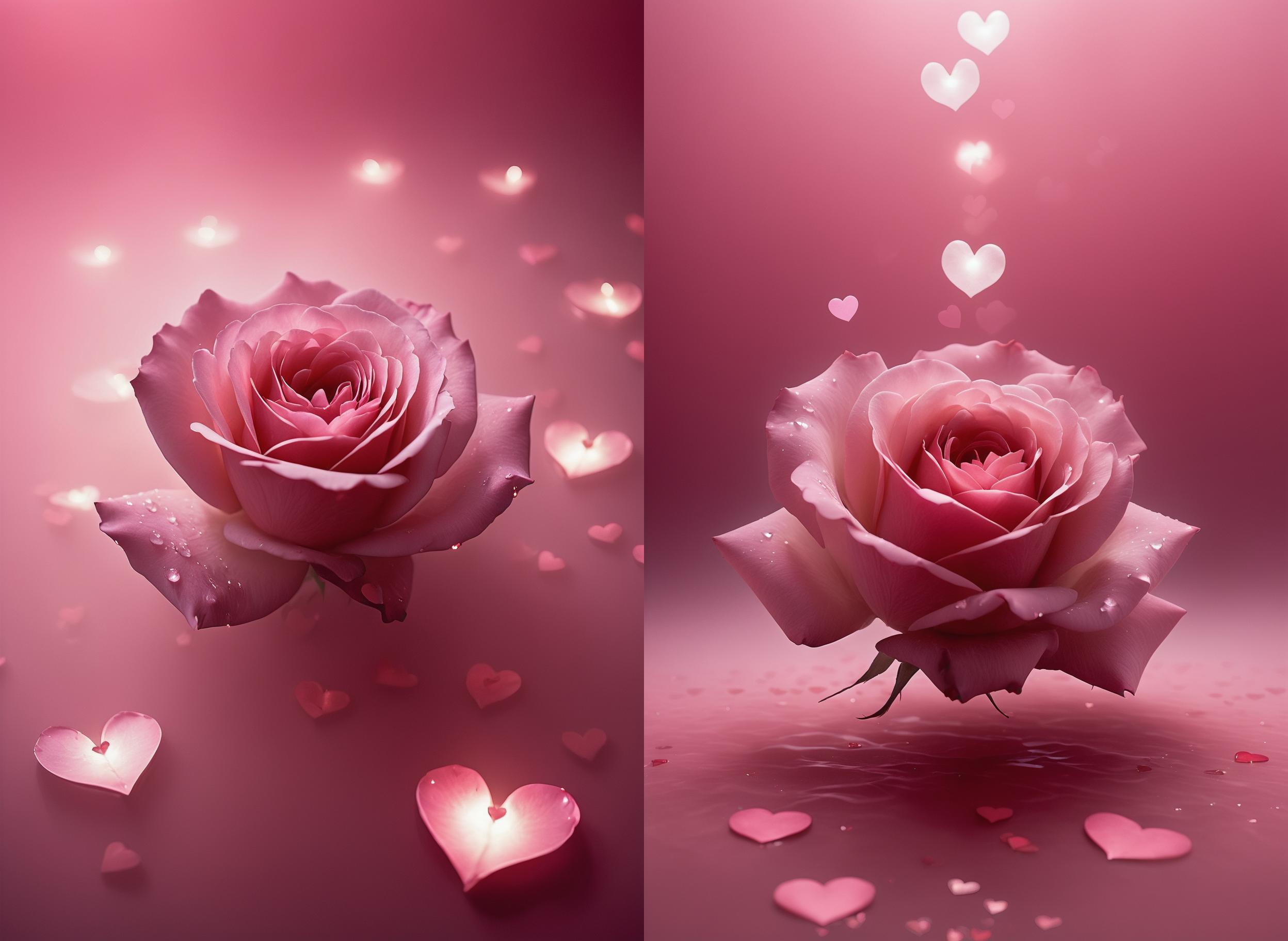 a floating rose in pink mist, floating hearts, dimmed light  <lora:heartmiststyle-000001:0.9>