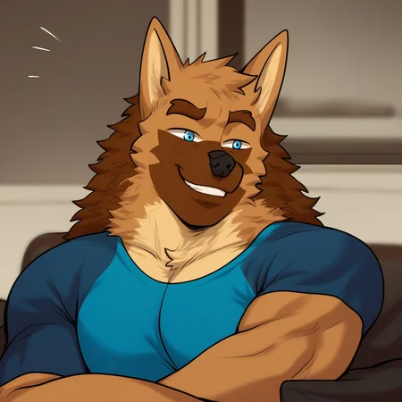 score_9_up, score_8_up, score_7_up, high quality, detailed, 1boy, source_furry, male, solo male, human, broad shoulders, mature male, blue eyes, muscular male, athletic build, brown hair, anthro, wolf, animal ears, tan body, bara, scruffy, light underbelly, pecs, defined features, smiling, bust shot, living room, indoors, blue shirt