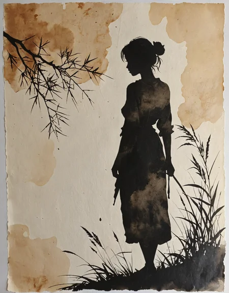 girl silhouette on rice paper, wabi-sabi, ink, watercolor, high contrast