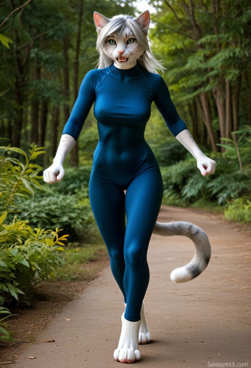 A 35mm photo of a beautiful 25 year old woman, she is an anthropomorphic grey cat, cat nose, cat teeth, green cat eyes, freckles, grey cat  fur, cat fur, grey cat ears, silver hair, wearing a blue short spandex running bodysuit, digitigrade cat paws, strolling along a sun dappled forest path