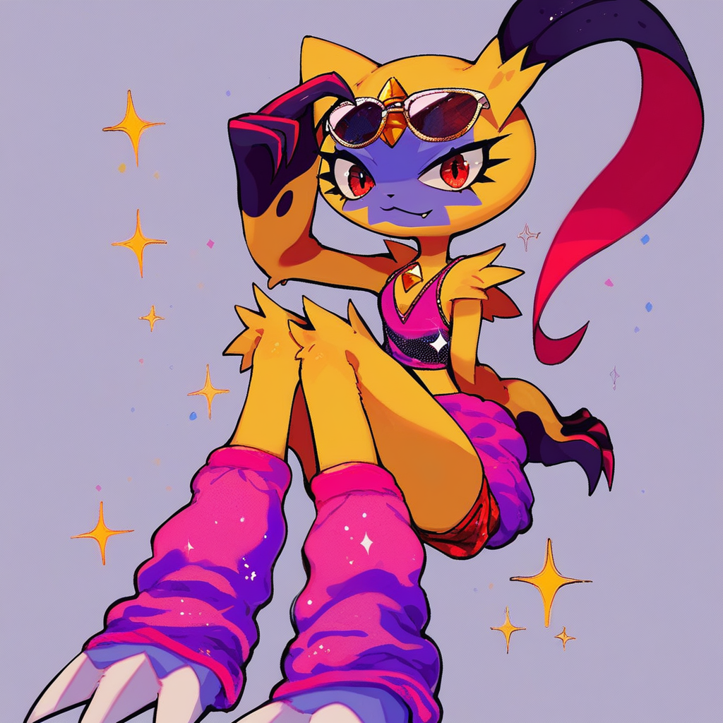 score_9, score_8_up, Sneasler, gold body, big claws, 1girl, furry female, solo, shiny pokemon, pokemon(creature), fashion, sparkling, leg warmers, sunglasses, :3, cute, red eyes,