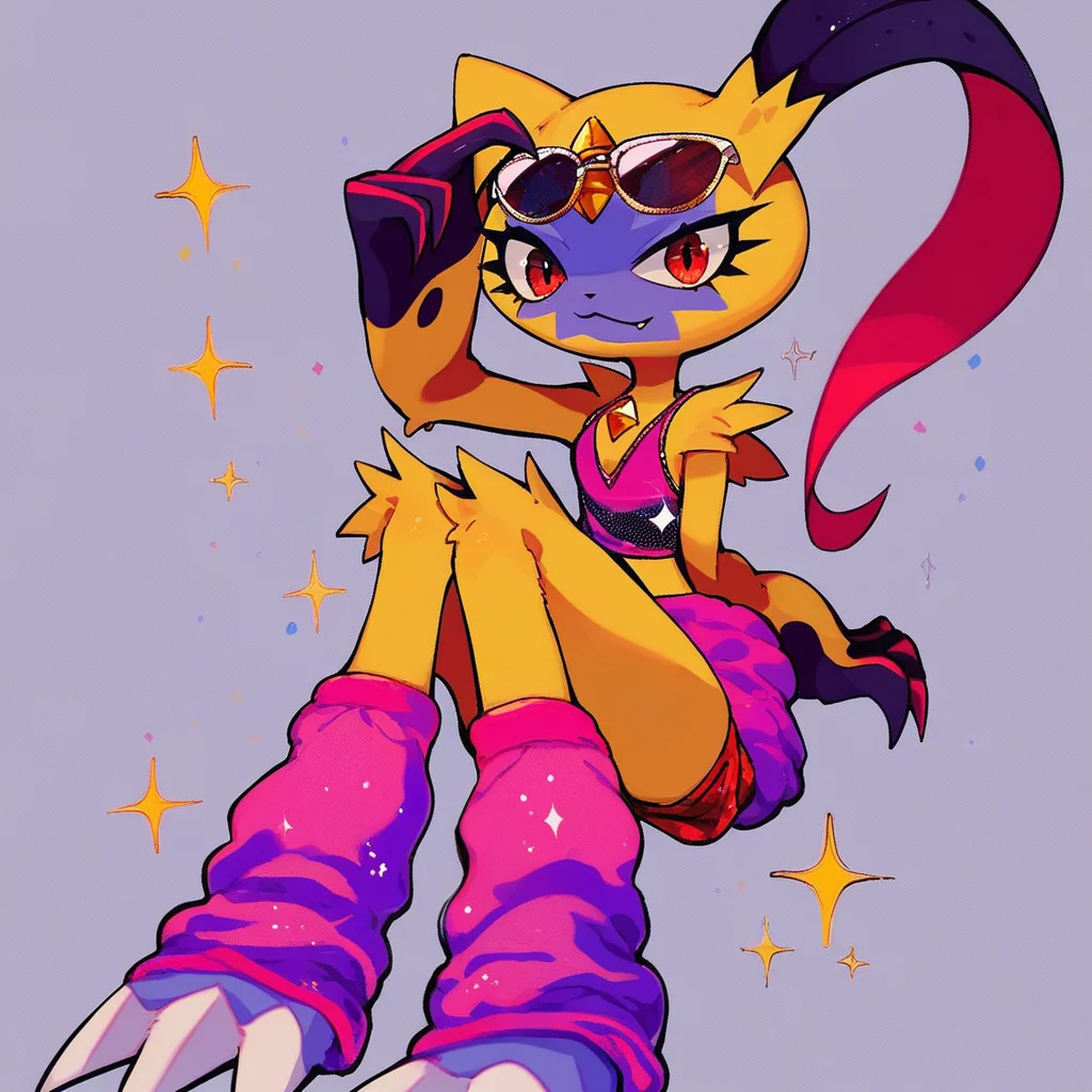 score_9, score_8_up, Sneasler, gold body, big claws, 1girl, furry female, solo, shiny pokemon, pokemon(creature), fashion, sparkling, leg warmers, sunglasses, :3, cute, red eyes,