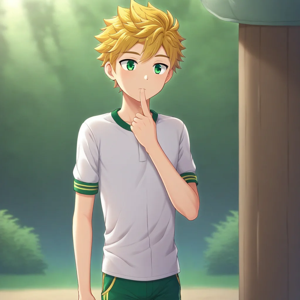 solo focus, blonde hair, short hair, bangs, solo, green eyes, 1boy