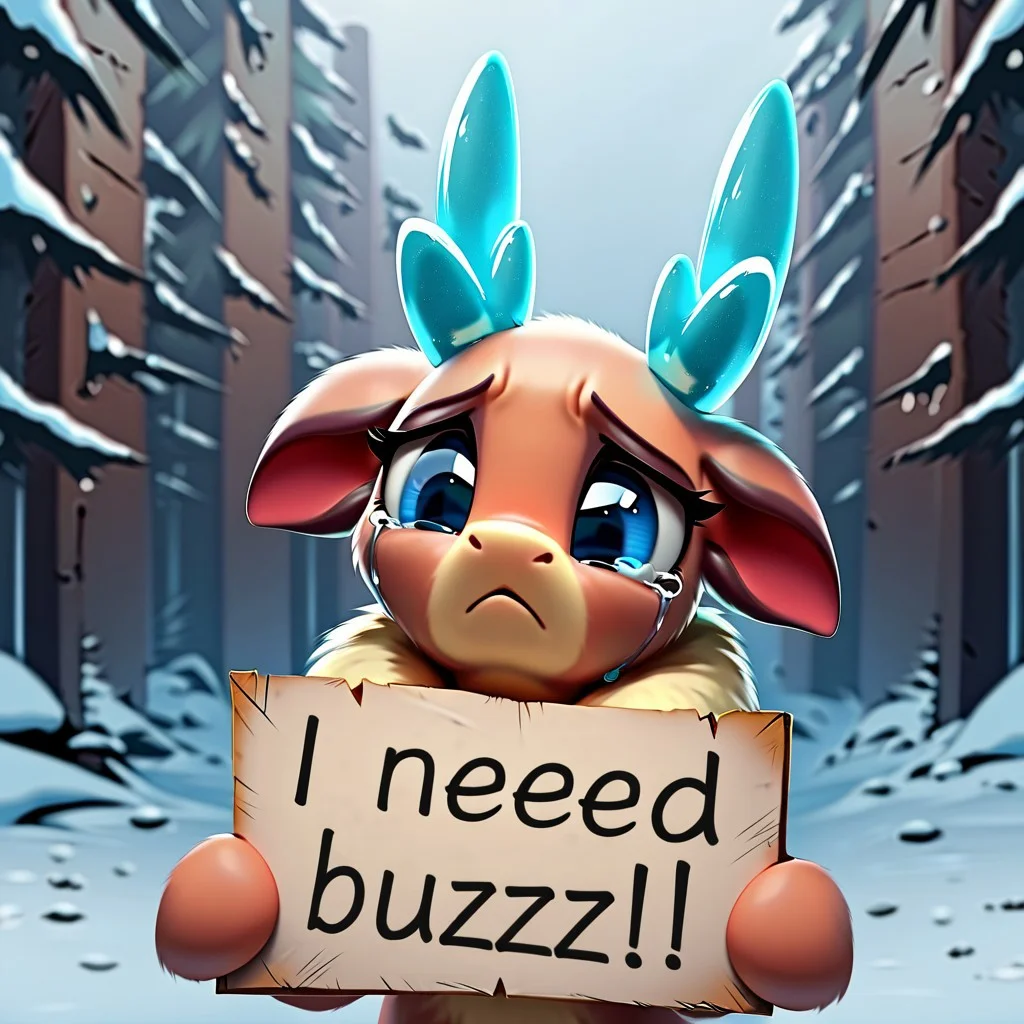score_9, score_8_up, score_7_up, score_6_up, 1girl, solo, velvet_fherds, blue antlers, blue eyes, ears down, floppy ears, two-tone fur, upper body, snowy background, snowing, cold, sad, crying, cute, frown, need_buzz, holding sign, masterpiece, best quality