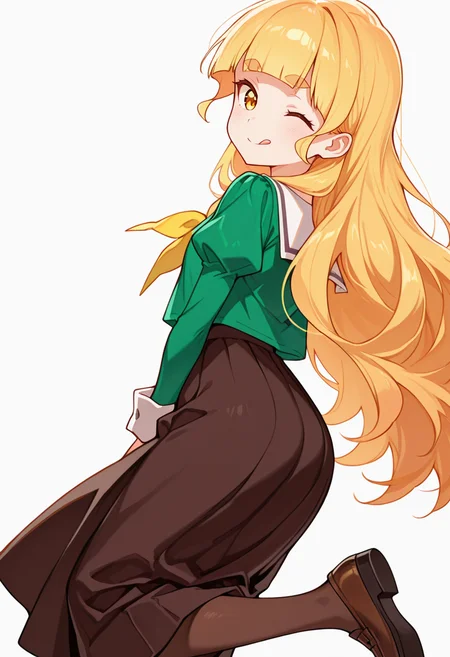 masterpiece,high quality details,absurdres, 
<lora:Shiraki_Hime:0.8>
hime_cnr, 1girl, blonde hair, very long hair, yellow eyes, blunt bangs, thick eyebrows,
hime_s1,green shirt, white sailor collar, serafuku,long skirt,black-brown skirt, juliet sleeves,pantyhose, loafers,, simple background, white background, dynamic angle,solo,, ;q,