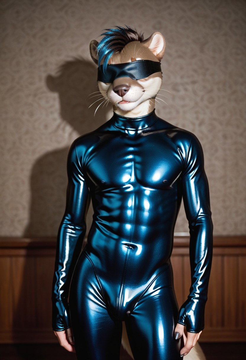 score_9, score_8_up, score_7_up,detailed background,perfecteyes,  dark brown fur on the back,anthro otter,brown eyes ,light coloured fur on the front, vibrissae, ((man)), nightclub, make-upblue hair, short hair, Latex suit, Blindfold , tied farts, Lust, posing,